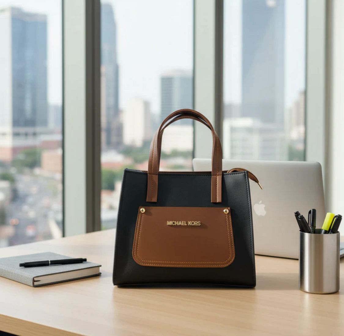 Elegant Black & Brown Leather Tote Handbag.