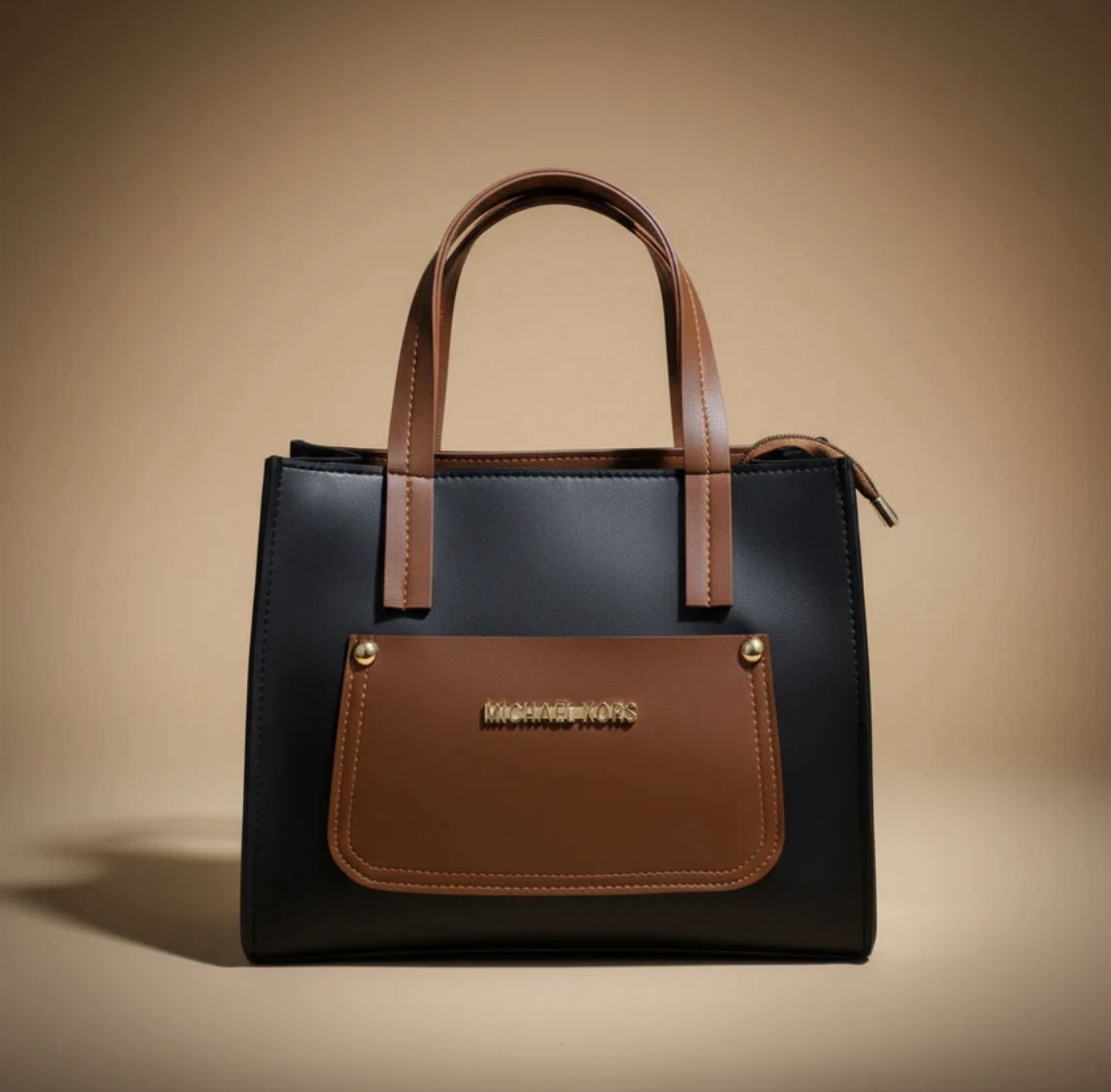 Elegant Black & Brown Leather Tote Handbag.
